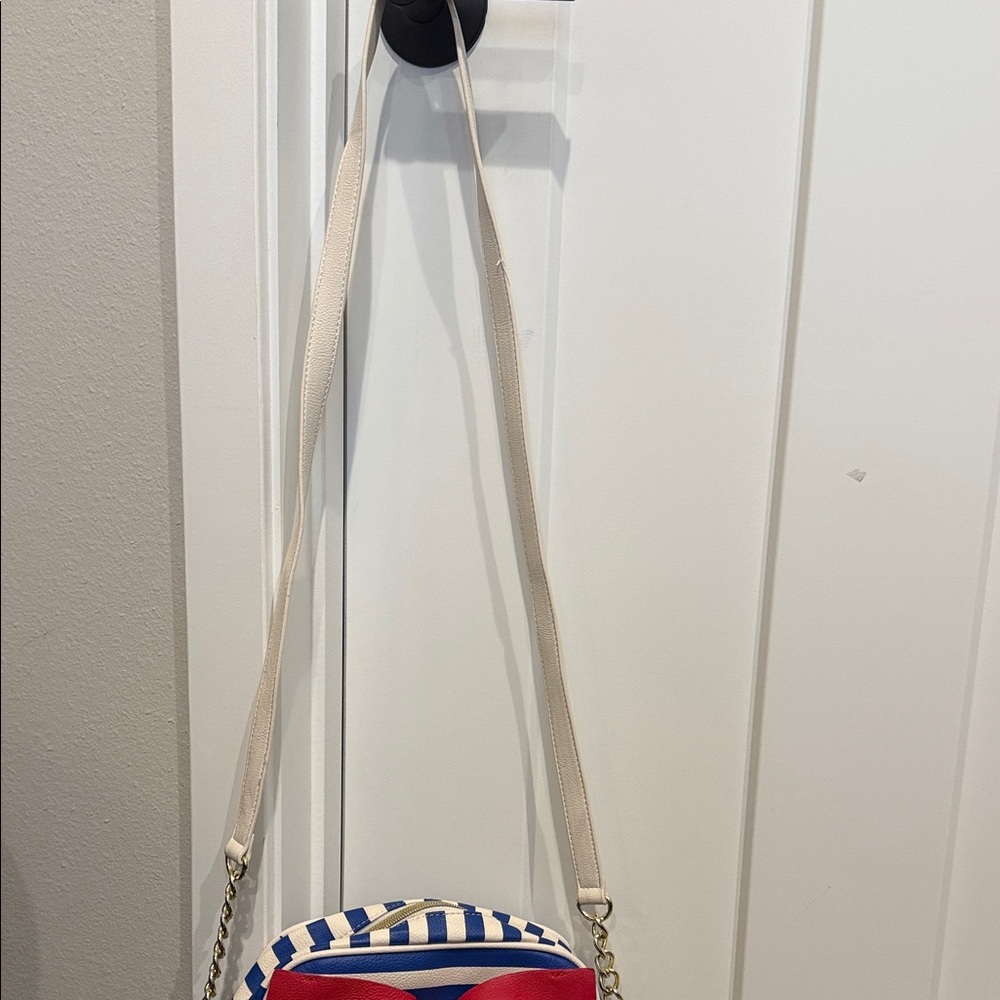 Betsey Johnson Striped Navy & White Crossbody Bag with Red Bow Accent purse - Picture 4 of 9